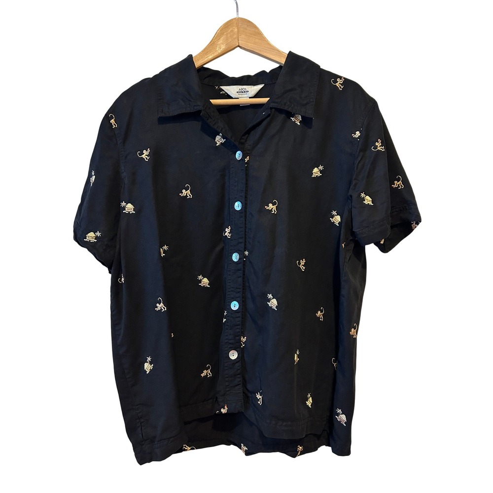 Vintage AKS Shirt XL All Over Embroidered Monkey Tiki Hut Black Tencel Button Up